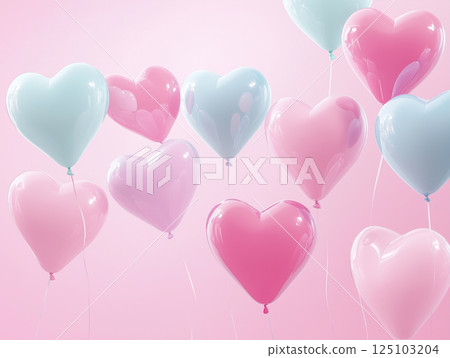 Pastel colored heart shaped balloons floating on a pink background 125103204