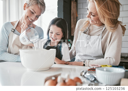 Cooking, learning and family in kitchen with milk jug for food mixing preparation with smile. Happy, wellness and excited child watching mother pouring baker ingredients with grandma in home. 125103236