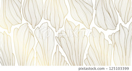 Vector line leaves art deco gold on white pattern, leaf floral abstract wallpaper, nouveau elegant vintage background. Fancy botanical texture. 125103399