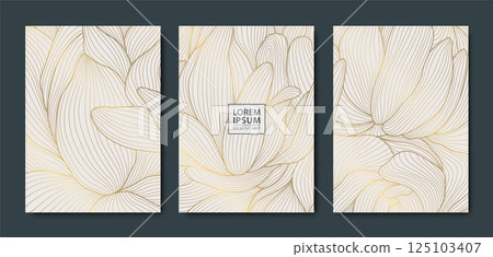 Vector set of floral gold line wavy covers, japanese luxury leaves and flowers ornament. Asian style spring background, greeting pattern. 125103407