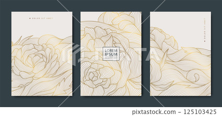 Vector set of floral gold line wavy covers, japanese luxury leaves and flowers ornament. Asian style spring background, greeting pattern. 125103425