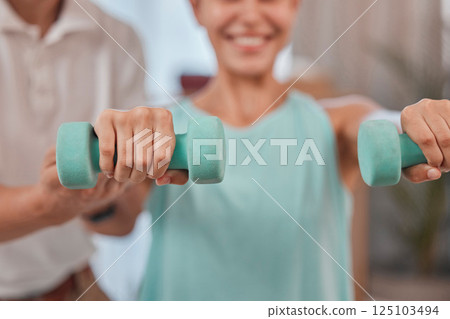 Woman, hands or dumbbell exercise in physiotherapy, muscle rehabilitation or healthcare wellness for accident or sports injurty recovery. Zoom, physiotherapist or man helping patient in weightlifting 125103494