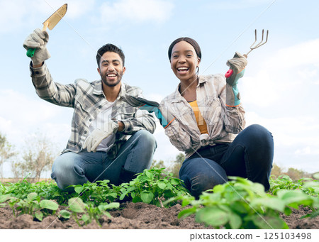 Excited couple, farmer and agriculture on farm for vegetation together in the countryside. Happy man and woman farmer with smile enjoying gardening for organic produce, harvest or plant growth 125103498