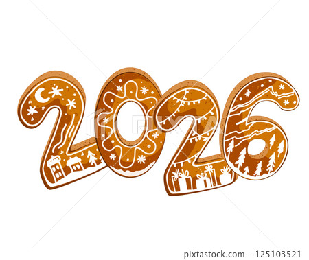 Festive Happy 2026 New Year gingerbread cookies with icing. Isolated vector illustration 125103521