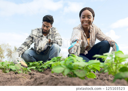 Farmers, plant vegetables and smile for growth, community garden and green rows. Agriculture, man and woman with saplings, eco friendly and natural life for health, wellness and happy with produce. Farmers, plant vegetables and smile for growth, community garden and green rows. Agriculture, man and woman with saplings, eco friendly and natural life for health, wellness and happy with produce. 125103523