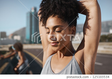 Fitness, stretching and black woman in city for workout, training or running outdoor with friends motivation. Warmup, exercise and sports runner people in urban street for training with calm peace Fitness, stretching and black woman in city for workout, training or running outdoor with friends motivation. Warmup, exercise and sports runner people in urban street for training with calm peace 125103534