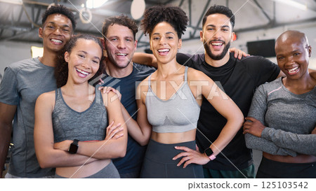Fitness, health and gym portrait of friends together for wellness, workout and exercise lifestyle. Commitment, happy and interracial friendship with healthy cardio people excited in gymnasium. 125103542