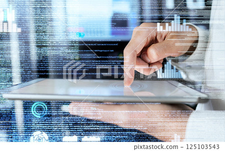 Hologram, tablet and hand of businessperson browsing online for futuristic big data and cloud computing. Hands, digital tablet and man with interface or cybersecurity dashboard for growth information Hologram, tablet and hand of businessperson browsing online for futuristic big data and cloud computing. Hands, digital tablet and man with interface or cybersecurity dashboard for growth information 125103543