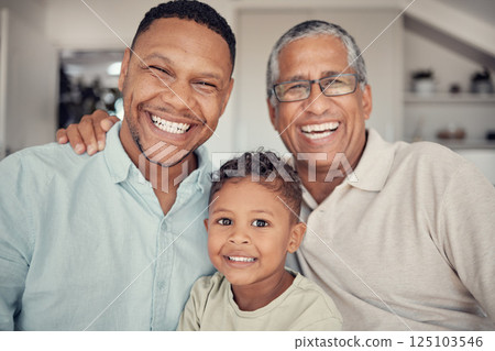 Father, grandfather and boy in family portrait at house or Brazilian home living room in trust, love and support. Smile, happy child and kid bonding with dad, parent or retirement elderly grandparent Father, grandfather and boy in family portrait at house or Brazilian home living room in trust, love and support. Smile, happy child and kid bonding with dad, parent or retirement elderly grandparent 125103546