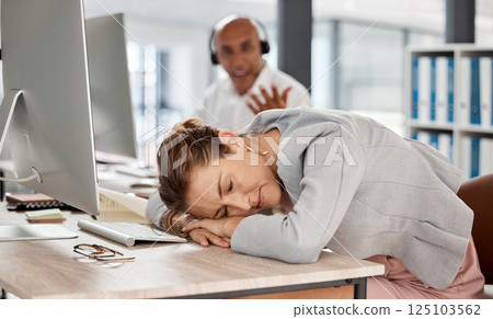Tired, burnout and sleeping call center worker in consulting office exhausted on overtime shift. Sleep, overworked and mental health problem of telemarketing consultant woman resting in workplace. 125103562