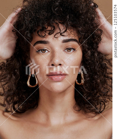Portrait of woman, skincare beauty and face of cosmetics wellness, skin healthcare treatment and luxury spa mockup. Curly hair, natural facial glow and organic makeup product for self care in studio 125103574
