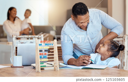 Dad, girl and homework on table in living room of family home for maths class with an abacus, school book and pencil. Father love helping kid, child development and learning mathematics for education Dad, girl and homework on table in living room of family home for maths class with an abacus, school book and pencil. Father love helping kid, child development and learning mathematics for education 125103605
