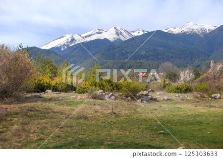 Bansko, Bulgaria spring woods and Pirin panorama 125103633