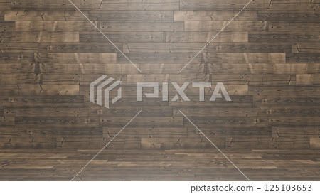 3DCG illustration of a wooden plank room. Depth of wall and floor background 125103653