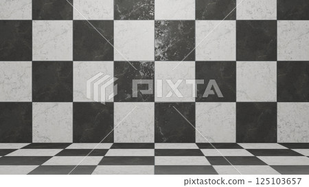 3DCG illustration of a room with black and white marble tiles. Depth of wall and floor background 3DCG illustration of a room with black and white marble tiles. Depth of wall and floor background 125103657