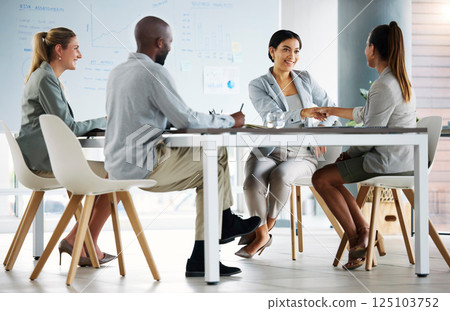 Handshake, marketing and business people meeting for a partnership, welcome and support in corporate. Teamwork, thank you and employees shaking hands for a collaboration and onboarding at the company 125103752