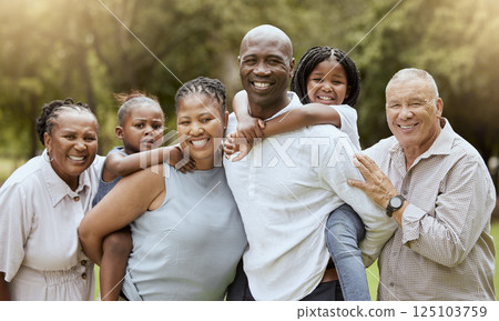 Black family, portrait or bonding in nature park, sustainability environment or countryside garden field in fun summer break. Smile, happy children or kids with mother, father and senior grandparents Black family, portrait or bonding in nature park, sustainability environment or countryside garden field in fun summer break. Smile, happy children or kids with mother, father and senior grandparents 125103759