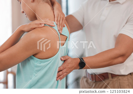 Physiotherapy, chiropractor and physical therapist with woman patient for stretching and spine massage for health and wellness. Man and client at chiropractic for physical therapy consultation at spa Physiotherapy, chiropractor and physical therapist with woman patient for stretching and spine massage for health and wellness. Man and client at chiropractic for physical therapy consultation at spa 125103824
