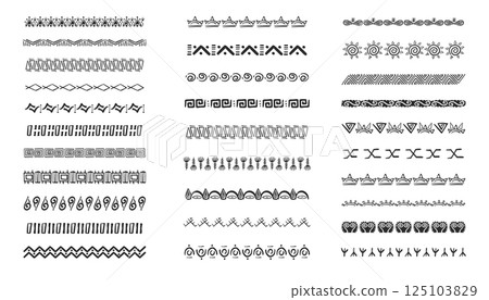 Ethnic tribal border, traditional hand drawn divider, doodle separator. Ancient motif line geometric brush, for frames, design element.  125103829