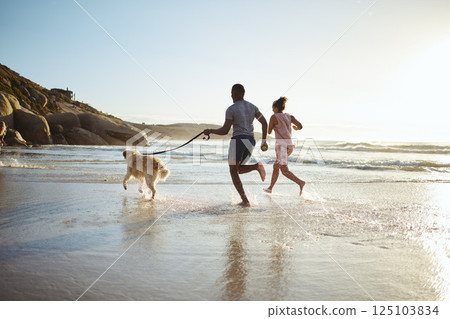 Exercise, couple and dog at the beach for running, training and fitness, cardio and mockup space. Family, wellness and pet workout at sunrise, ocean and water run while bonding with their labrador Exercise, couple and dog at the beach for running, training and fitness, cardio and mockup space. Family, wellness and pet workout at sunrise, ocean and water run while bonding with their labrador 125103834