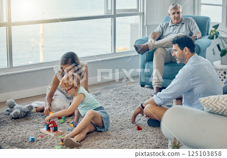 Carpet, learning and family with child teaching building development, creative thinking and home education with father, mother and grandparents. Mom, dad and girl kid play game together for education Carpet, learning and family with child teaching building development, creative thinking and home education with father, mother and grandparents. Mom, dad and girl kid play game together for education 125103858