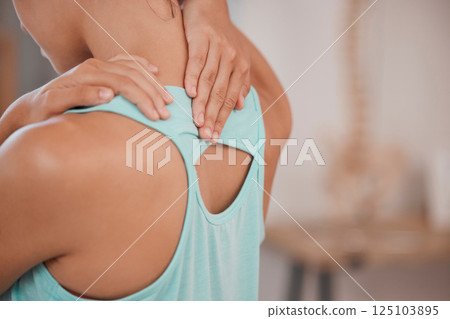 Fitness, health and woman with neck pain after exercise, hands massaging muscles in back. Physical therapy, healthcare and female with pain, ache and sore neck after workout, training and activity Fitness, health and woman with neck pain after exercise, hands massaging muscles in back. Physical therapy, healthcare and female with pain, ache and sore neck after workout, training and activity 125103895
