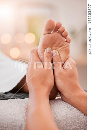 Foot massage, spa and woman client ready for feet healing, therapy and relax treatment. Physiotherapy, health clinic and employee hands working and massaging skin for stress relief and reflexology 125103897