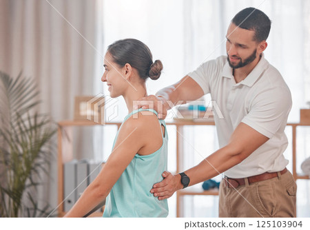 Chiropractor, woman and massage for physical therapy, health and posture at wellness clinic. Doctor, girl and spine alignment for medical, chiropractic or rehabilitation with help in physiotherapy Chiropractor, woman and massage for physical therapy, health and posture at wellness clinic. Doctor, girl and spine alignment for medical, chiropractic or rehabilitation with help in physiotherapy 125103904