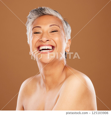 Senior, woman and beauty smile portrait for skincare, skin wellness and happy cosmetic facial glow. Smile, laughing and happiness of elderly face treatment of a model proud of wrinkles and body Senior, woman and beauty smile portrait for skincare, skin wellness and happy cosmetic facial glow. Smile, laughing and happiness of elderly face treatment of a model proud of wrinkles and body 125103906