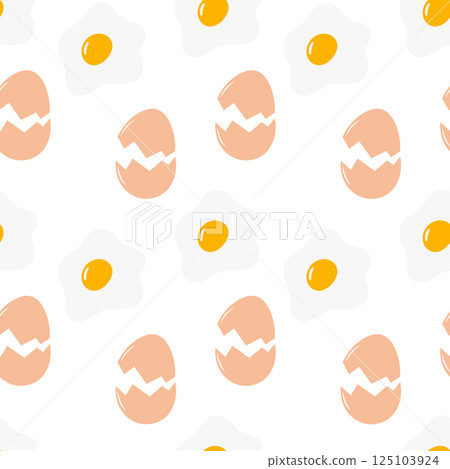 Fried eggs with yolk and Cracked Beige Eggshell Seamless pattern Culinary food card Backdrop design Fried eggs with yolk and Cracked Beige Eggshell Seamless pattern Culinary food card Backdrop design 125103924