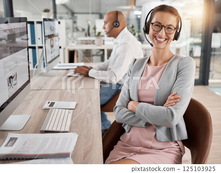 Call center, CRM or happy consultant woman in office with smile for contact us, leadership or success customer support help. Customer service smile, telemarketing or sales advisor communication 125103925