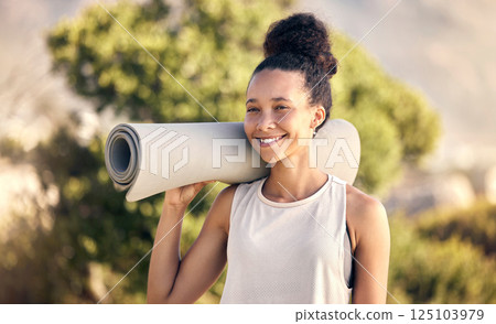 Yoga mat, black woman and portrait for exercise in nature, garden and park for healthy lifestyle, wellness and zen workout. Happy young girl, fitness carpet and ready for pilates, sports and training 125103979