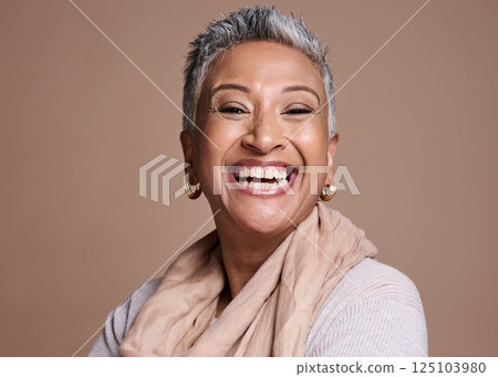 Mature woman, face and laughing on studio background in fashion, trendy or style clothes and makeup cosmetics. Portrait, smile or happy model with gray hair, comic facial expression and mockup space Mature woman, face and laughing on studio background in fashion, trendy or style clothes and makeup cosmetics. Portrait, smile or happy model with gray hair, comic facial expression and mockup space 125103980