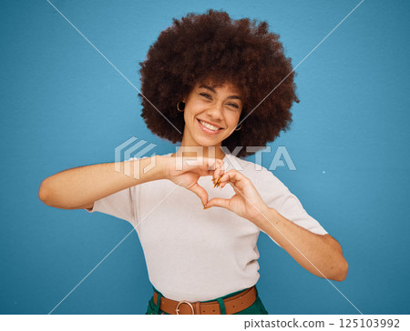 Heart sign emoji, hands and afro girl on blue isolated background 125103992