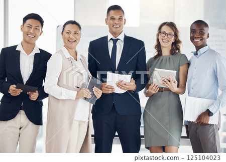 Portrait of diversity business people with notebook, tablet and stand together in group solidarity, support and collaboration. Teamwork, staff meeting and corporate workforce working on strategy idea Portrait of diversity business people with notebook, tablet and stand together in group solidarity, support and collaboration. Teamwork, staff meeting and corporate workforce working on strategy idea 125104023