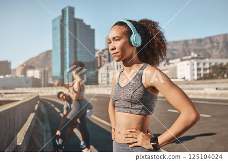 Music, fitness and black woman in city for running, exercise and sports, training and with friends outdoor. Podcast, runner and girl relax at workout on highway, listen to wellness, audio and mindset Music, fitness and black woman in city for running, exercise and sports, training and with friends outdoor. Podcast, runner and girl relax at workout on highway, listen to wellness, audio and mindset 125104024