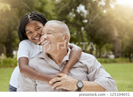 Mature man, love and hug child in nature with grandchild and grandfather with being loving, caring with affection outside. Old man, little girl and family embrace for love and care in natural park Mature man, love and hug child in nature with grandchild and grandfather with being loving, caring with affection outside. Old man, little girl and family embrace for love and care in natural park 125104031