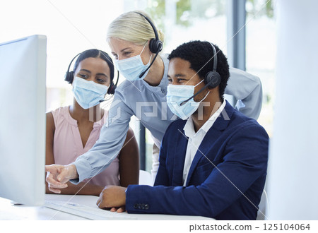 Covid, mask and call center, manager and help employee, consulting and customer service advice with computer in office. Covid 19, contact us and telemarketing leader, support and feedback crm workers 125104064