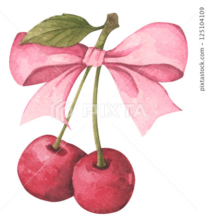 Coquette Cherry Bow. Watercolor illustration for Feminine Design and Aesthetic Decor Coquette Cherry Bow. Watercolor illustration for Feminine Design and Aesthetic Decor 125104109