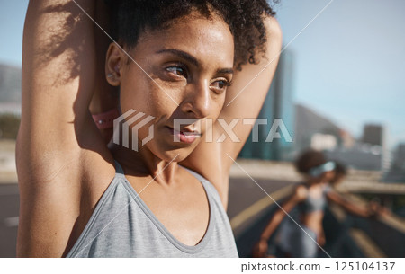 Fitness, city and woman doing a stretching exercise before an outdoor workout with motivation. Sports, training and healthy lady athlete doing an arm warm up outside in an urban town in Mexico. 125104137
