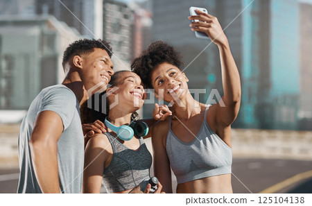 Selfie, fitness and city people friends with smartphone for workout, training or exercise group motivation, social media networking and profile update. Sports runner group in cellphone photography 125104138