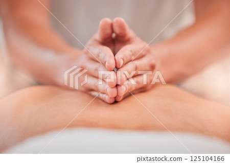 Back massage, hand and spa for a massage therapist for zen body care and beauty, health or wellness. Massueuse, physical therapy and stress relief with tranquil treatment for relaxation and wellbeing 125104166