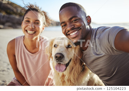 Summer, couple and dog on beach selfie in Canada sun with happiness, love and care for pet. Black people, holiday and happy ocean photograph break together with healthy domestic animal. 125104223