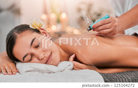 Spa, relax and luxury smoke therapy or meditation for zen mental health. Woman, healthcare wellness and spiritual healing for chakra energy or physical therapy mindfulness with therapist hands Spa, relax and luxury smoke therapy or meditation for zen mental health. Woman, healthcare wellness and spiritual healing for chakra energy or physical therapy mindfulness with therapist hands 125104272