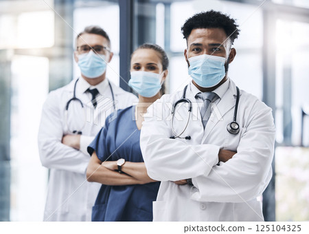 Face mask, team and portrait of medical doctors standing in the hallway or corridor of a hospital. Teamwork, collaboration and group of healthcare employees ready for a covid consultation in a clinic 125104325