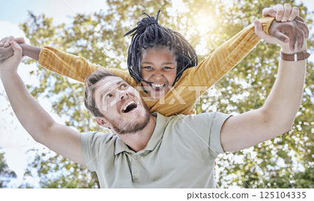 Family, child and adoption piggy back with happy, excited and fun father bonding with daughter in nature. Happiness, care and support of foster dad with black kid smile together in park. 125104335