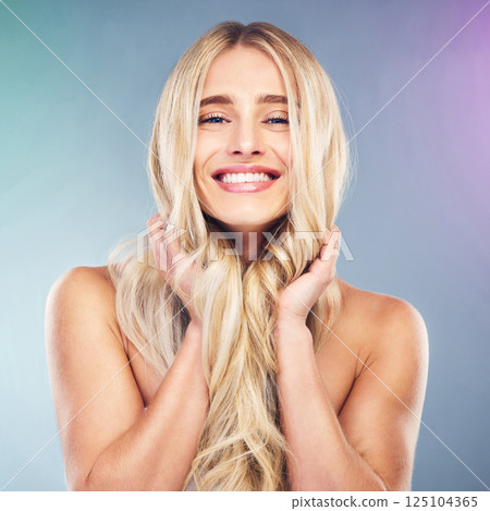 Hair care, beauty and wellness of woman with cosmetics, makeup and shampoo for hair growth, shine and health. Portrait, face and smile of model advertising skincare, dermatology and self care 125104365