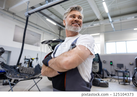 Gray haired mechanic in workshop checking and fixing automobile parts Gray haired mechanic in workshop checking and fixing automobile parts 125104373