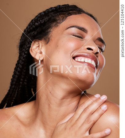 Beauty, hair care and black woman with braids in studio with smile on brown background. Hair salon, fashion and girl model for wellness, cosmetics and products for healthy, natural and curly hair 125104410