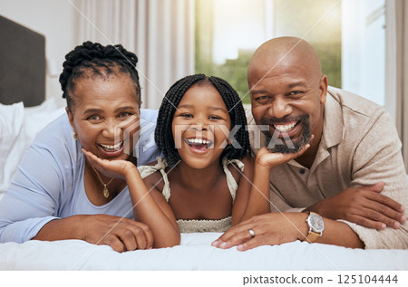 Portrait of happy family home, girl and grandparents on bed for fun morning, relax lifestyle. Smile senior man, black woman and playful kid child face together in bedroom for love, care and joy Portrait of happy family home, girl and grandparents on bed for fun morning, relax lifestyle. Smile senior man, black woman and playful kid child face together in bedroom for love, care and joy 125104444